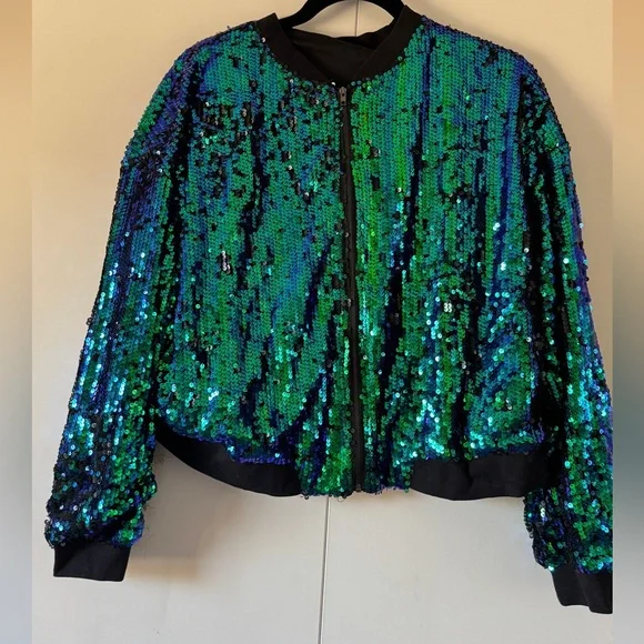 Green and Blue Sequin Mermaid Bomber Jacket - Picture 1 of 7